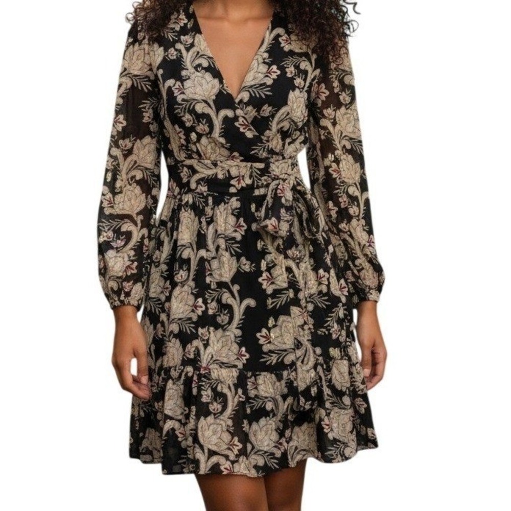 WHITE HOUSE BLACK MARKET Gold Metallic Floral Paisley Faux Wrap Mini Dress 00